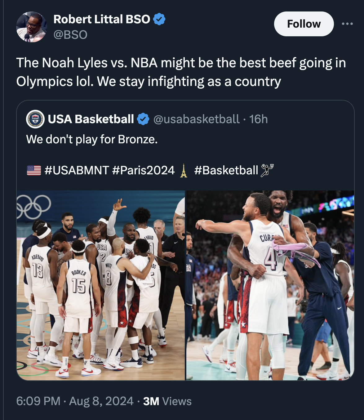 basketball player - Robert Littal Bso The Noah Lyles vs. Nba might be the best beef going in Olympics lol. We stay infighting as a country Usa Basketball 16h We don't play for Bronze. A 13 15 3M Views Cura